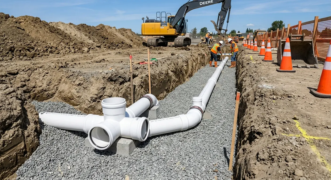 New PVC sewer pipe installation in open trench for Sewer Camera Inspection in Seneca Falls