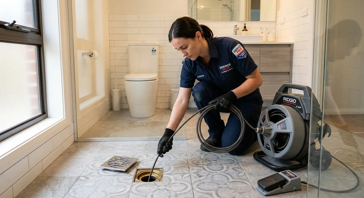 Technician clearing a bathroom floor drain for Sewer Line Installation in Seneca Falls